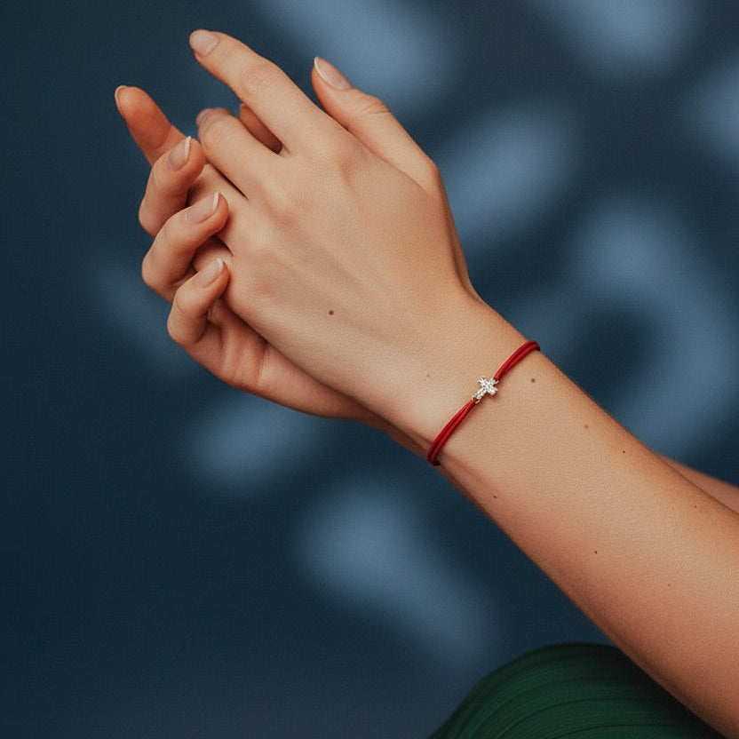 Red Satin Cord Bracelet with Eternal Cross diamond.