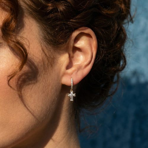 Load image 1 in gallery view. ETERNAL CROSS PAVÉ HOOP EARRINGS