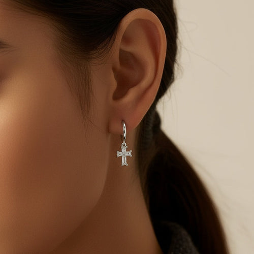 Load image 1 in gallery view. ETERNAL CROSS HOOP EARRINGS