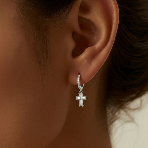 Load image 1 in gallery view. ETERNAL CROSS PAVÉ HOOP EARRINGS